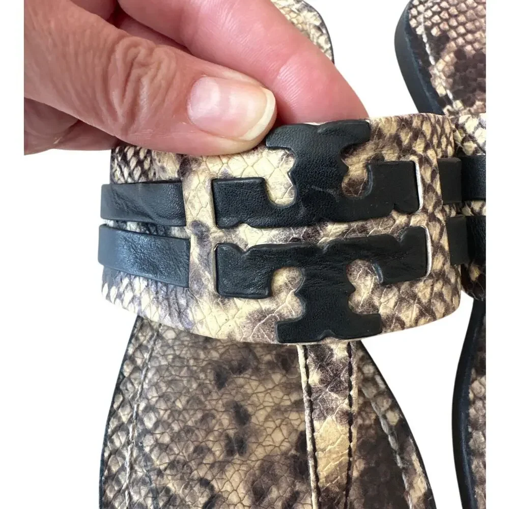 Tory Burch Leigh‎ Thong Sandals 9.5 Roccia Snakeskin Black Logo